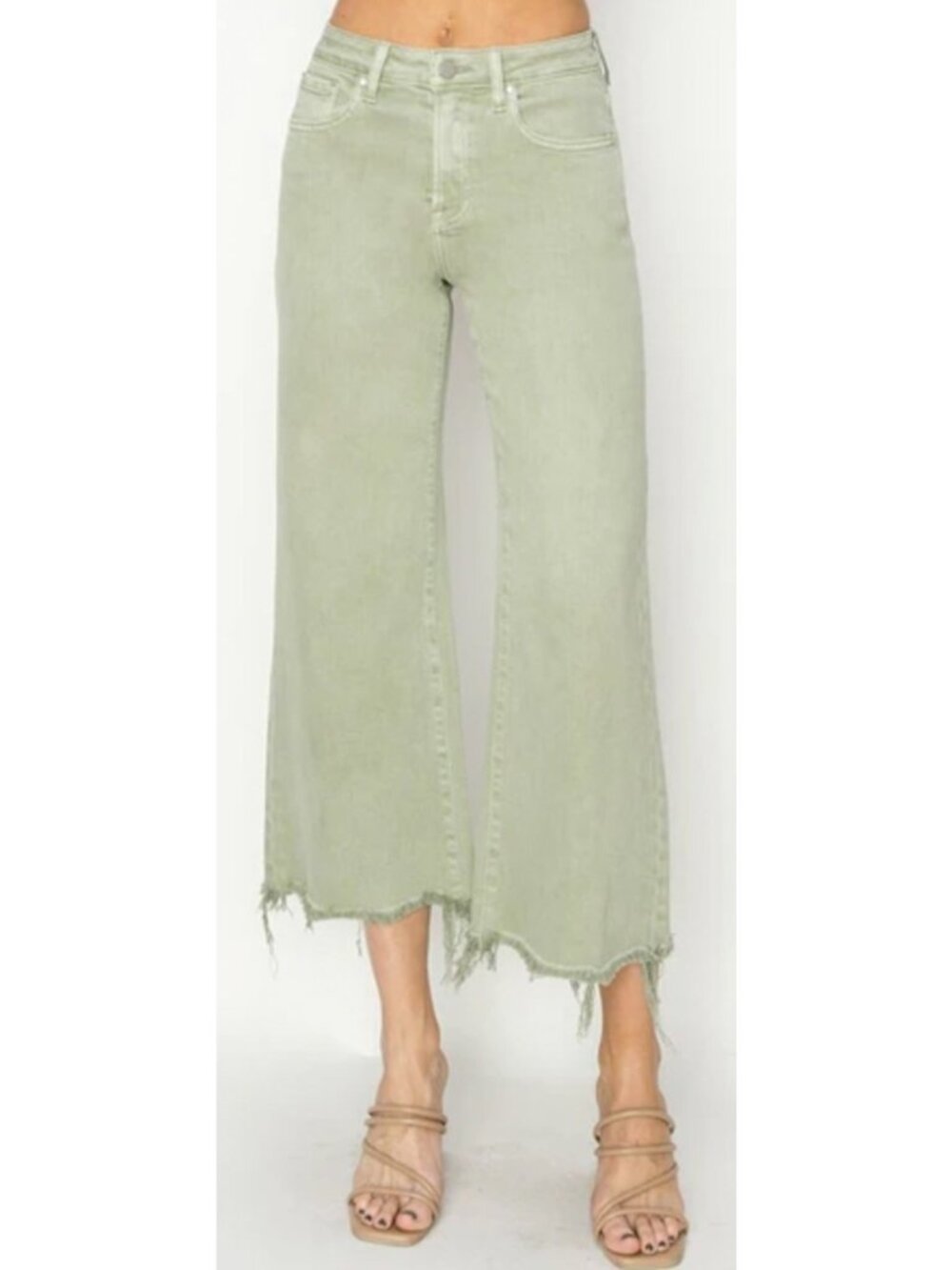 Risen Jeans Green Wide-Leg Cropped Denim Pants With Raw Hem Size 7/28